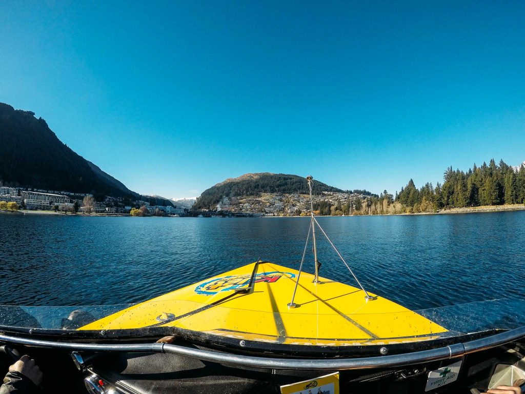 Jet boating towards Queenstown Bay