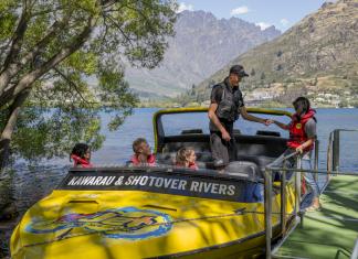 KJet jetty pick up on Frankton Beach in Queenstown before jet boating on the Kawarau and Shotover River