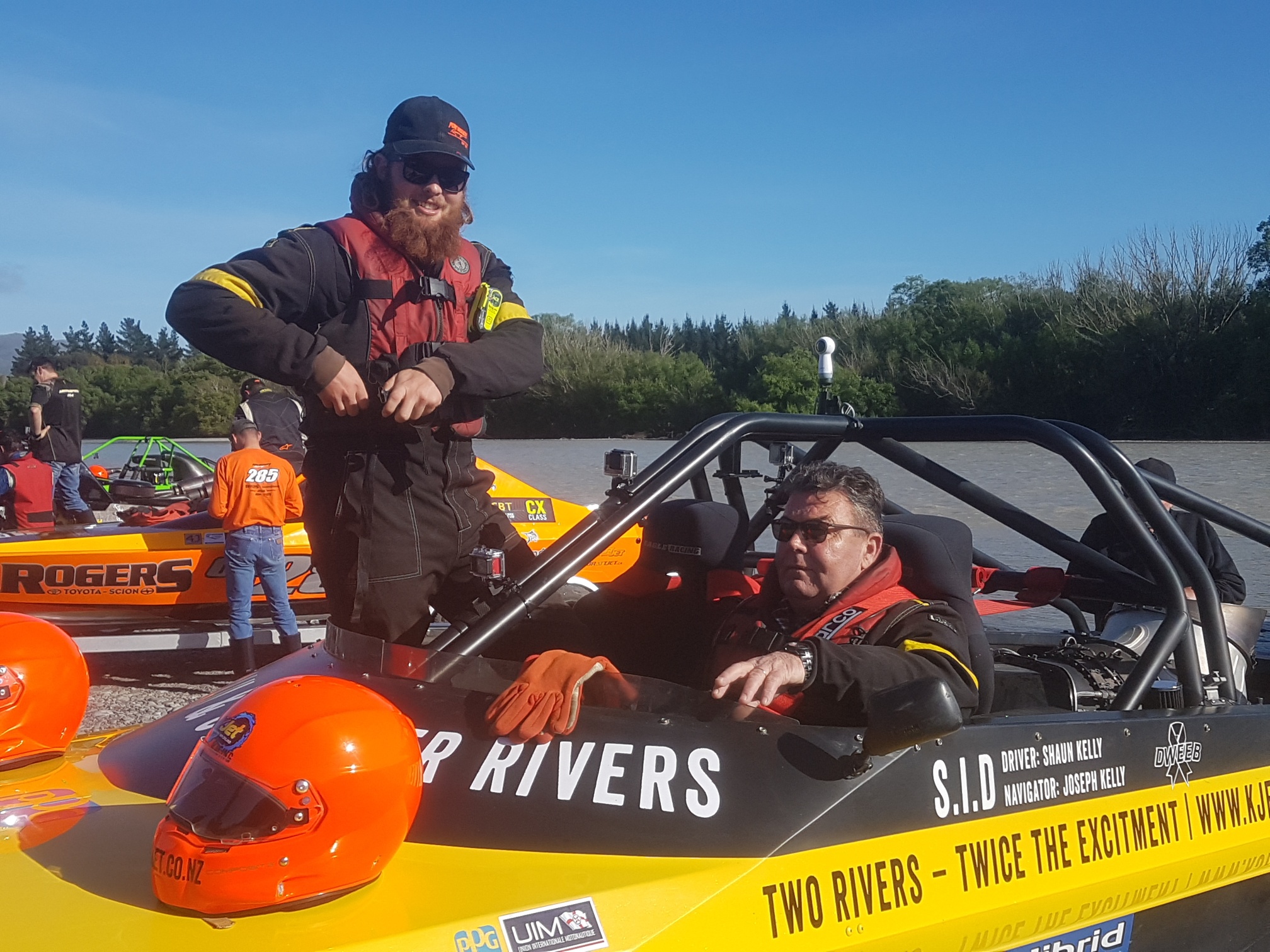 Jet boat River Racing team Shaun and Joe Kelly at the 2018 NZ Jet boat Marathon