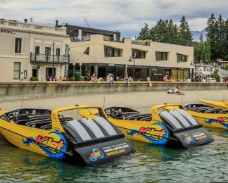 KJet Queenstown Jet Boat Fleet in front of Eichardts