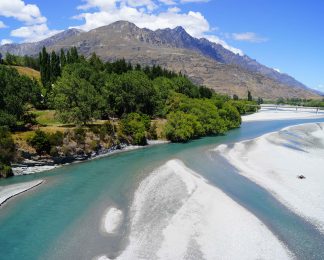 Aerial view of Shotover River and bridge