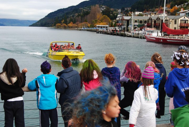 Crazy Hair Day with Queenstown Primary school with KJet jet boat in Queenstown bay